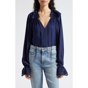 RAMY BROOK Lilian Ruffle Eyelet Navy Top Medium